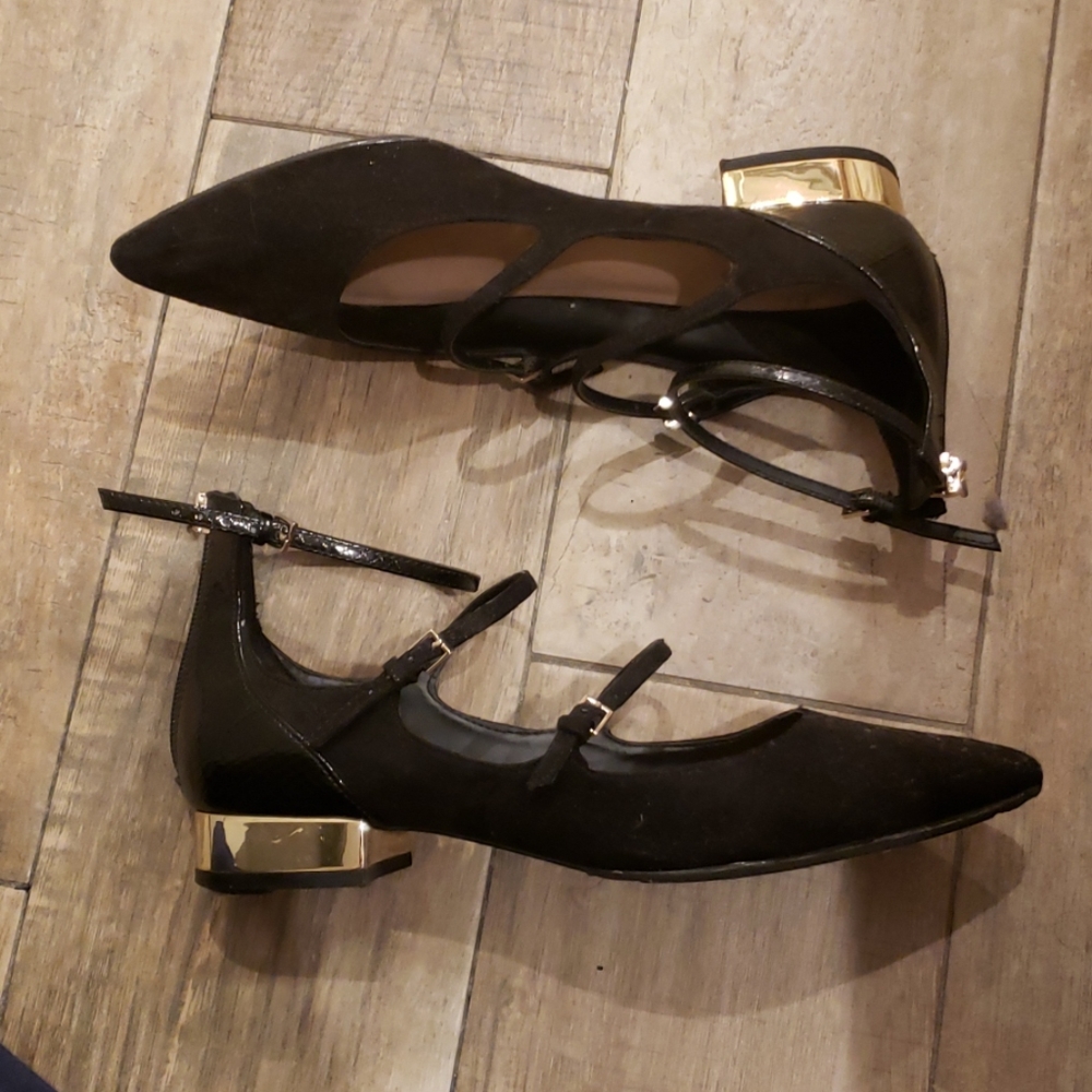 Black Aldo flats with gold heel and three straps